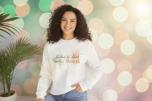Crewneck Sweatshirt — "Fueled by Faith, Irish Roots" Floral St. Patrick’s Day Pullover