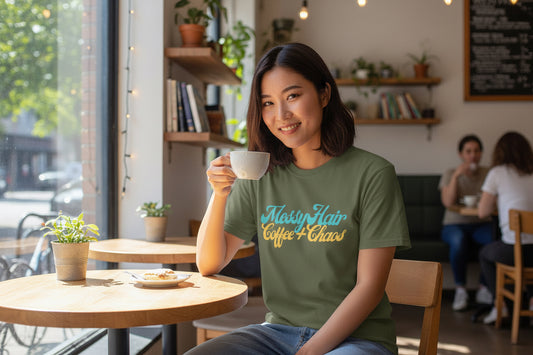 Messy Hair Coffee & Chaos T-Shirt — Casual Retro Script Tee for Busy Mornings